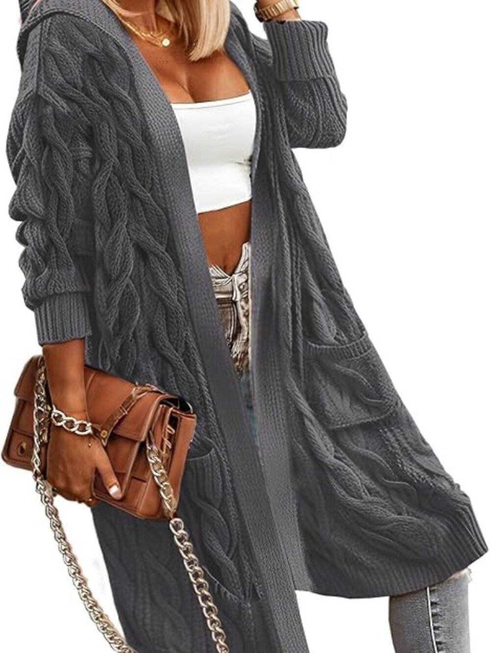 Lightweight Hooded Open Front Cardigan Sweaters for Women Oversized Cable Knit S